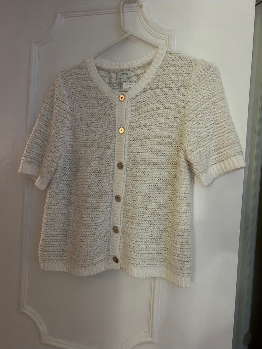 J. Crew Cream Short-Sleeve Textured Button Cardigan